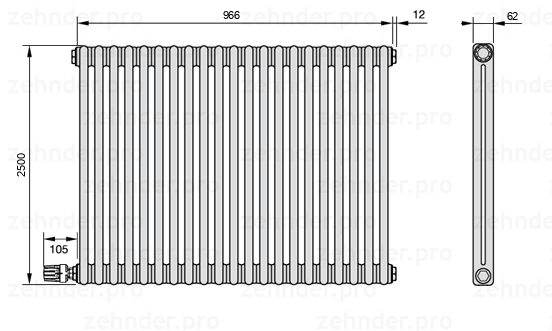 Схема (чертеж) Радиатор Zehnder Charleston 2250/21 №V004 Белый глянцевый RAL 9016